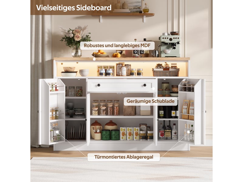  Buffet bas 140x35x95 cm blanc avec led rgb, 4 portes style grange, tiroir, étagères de rangement, meuble tv cuisine salle à manger moderne  - Conforama E