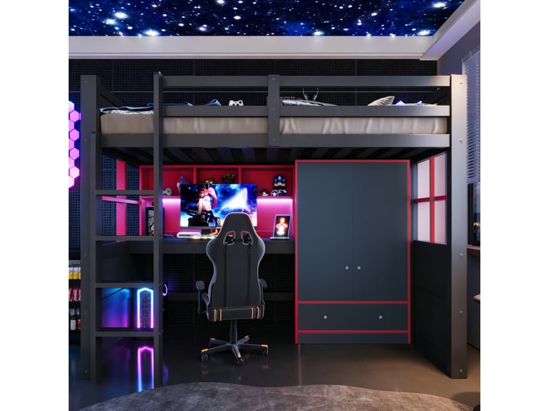  Lit mezzanine 90 × 200 cm avec bureau, armoire, tiroirs, rangements, led et prises, style gaming noir et rouge  - Conforama D