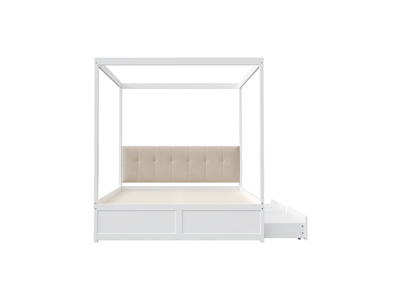  Lit 140x200 cm blanc têtes capitonnées grands tiroirs bois  - Conforama E