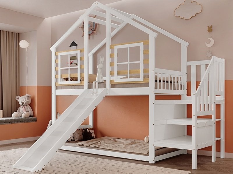  Lit superposé en bois massif, 90 x 200 cm, avec escalier et barrière de sécurité, toboggan et fenêtre, blanc  - Conforama B