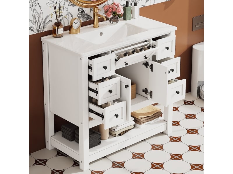  Meuble salle de bain sur pied 90 cm blanc avec lavabo céramique, 6 tiroirs silencieux et poignées noires  - Conforama C