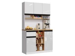Buffet blanc, poignées en métal, 105x45x185 cm, façades brillantes, tiroir, niches et étagères réglables pour cuisine et séjour