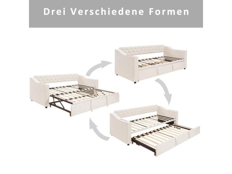 Lit gigogne 90x200 cm, lit enfant avec prise usb, accoudoirs et sommier à lattes, tissu en velours beige, sans matelas - Conforama E