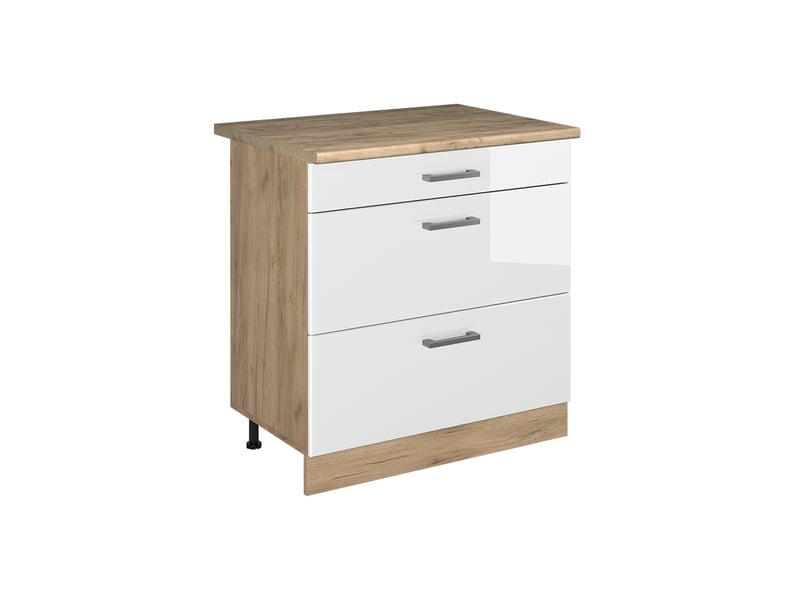  Vicco meuble cuisine, blanc haute brillancechêne doré, 80cm avec 3 tiroirs plan de travail chêne doré  - Conforama A