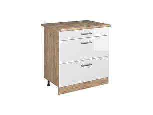 Vicco meuble cuisine, blanc haute brillancechêne doré, 80cm avec 3 tiroirs plan de travail chêne doré