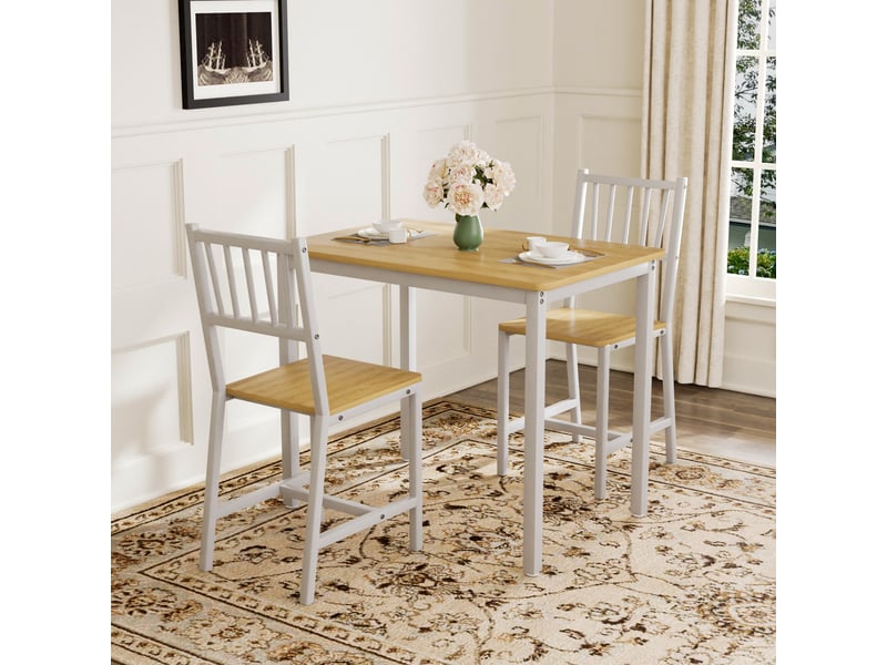  Ensemble table à manger avec deux bancs, table à manger style industriel, plateau naturel et structure blanche, 3 pièces pour cuisine  - Conforama C