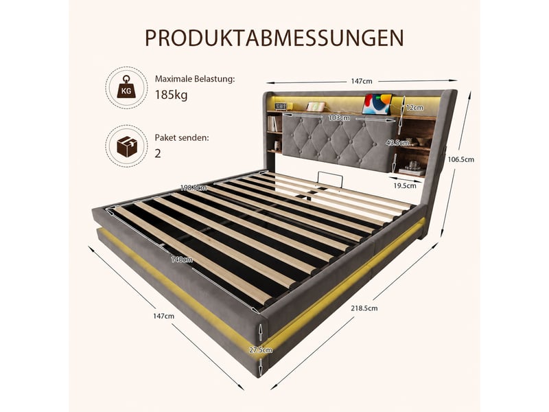 Lit coffre rembourré 140 x 200 cm, rangement hydraulique, tête de lit avec étagères, led, 2 usbtype-c, sommier à lattes, velours, gris Seren Glow - Conforama C