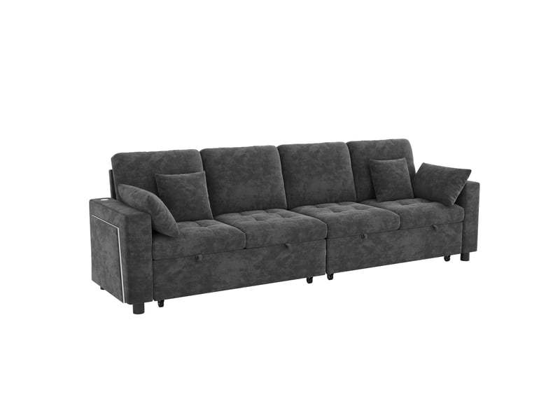  Canapé-lit 4 places 262.5x140x89 cm avec led et usb, dossier réglable, tissu couleur gris, design moderne  - Conforama A