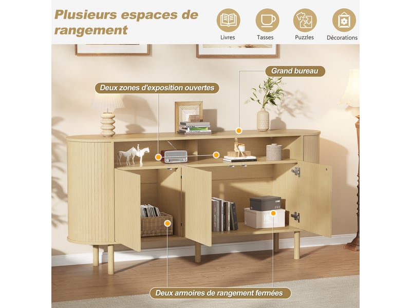  Buffet 160 cm meuble de rangement 3 portes avec étagères ouvertes - pieds en bois massif 75kg  - Conforama E