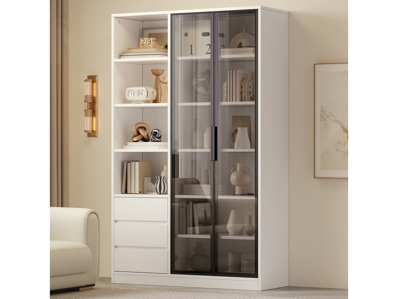 Vitrine haute 100 x 35 x 160 cm – blanc – led intégrée, rangements et 3 tiroirs pour salon moderne  - Conforama D