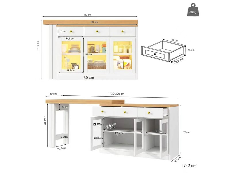  Îlot de cuisine extensible avec led en mdf blanc 120-200x40x75.5 cm - pangivo  - Conforama C