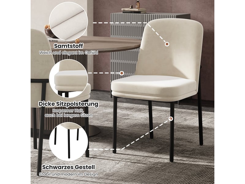  Chaise de salle à manger lot de 6 avec assise rembourrée  - structure métal, velours beige 42,5 × 53 × 82 cm  - Conforama E