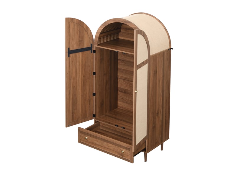 Armoire avec portes revêtues de tissu, tringle, étagères et tiroir pour chambre, en mdf aspect noyer, 79 × 50 × 175 cm - Conforama A