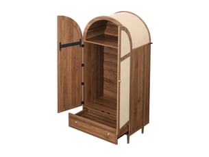 Armoire avec portes revêtues de tissu, tringle, étagères et tiroir pour chambre, en mdf aspect noyer, 79 × 50 × 175 cm