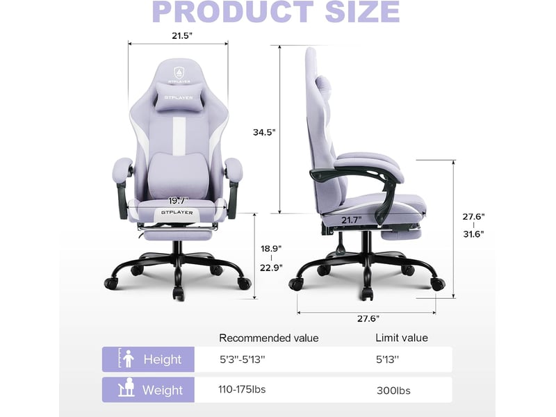  Gtplayer chaise de jeu ergonomique, réglable et pivotante en tissu respirant - violet GT905-PP - Conforama B
