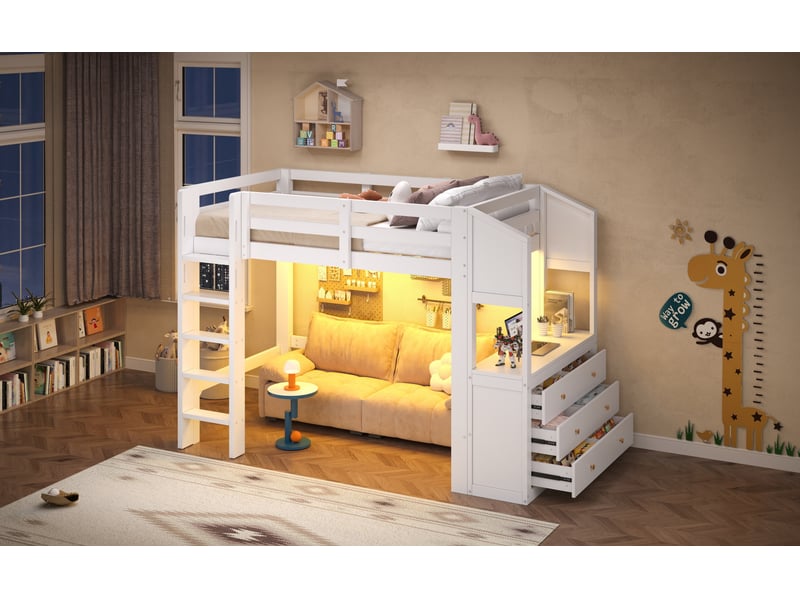  Lit mezzanine 90x200 avec 3 tiroirs étagères éclairage led blanc  - Conforama E