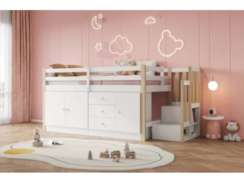  Lit surélevé enfant, 90×200 cm, simple, multifonction, escalier + tiroirs + 2 armoires de rangement + tringle à vêtements, blanc, sans matelas  - Conforama B