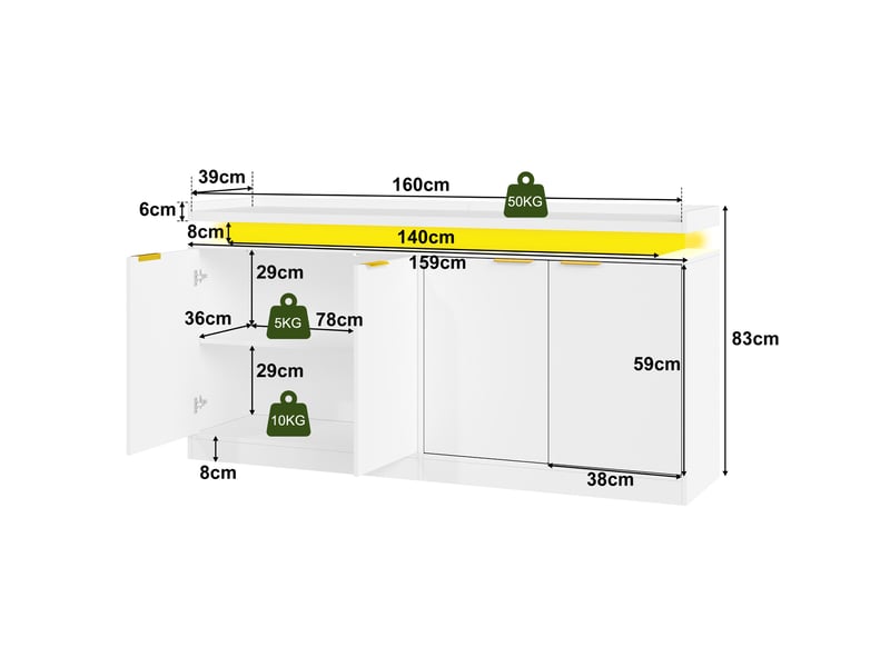 Buffet et enfilade avec portes, niches et éclairage led rgb, en mdf blanc, pour cuisine, 160 × 39 × 83 cm  - Conforama D