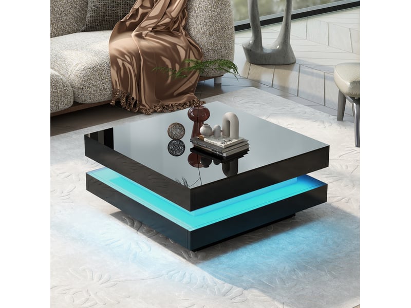  Table basse carrée 70x70x36 cm avec éclairage led intelligent, recharge, rangement ouvert, table de salon, pb, noir  - Conforama B