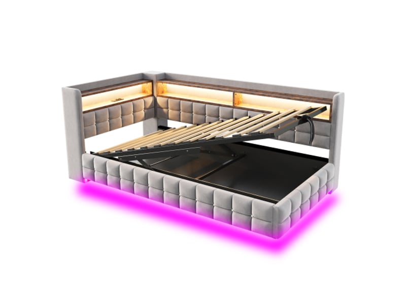  Canapé-lit 90x200 cm - rangement hydraulique, led, usb-c, étagère en bois, soutien de sommier, velours gris clair  - Conforama E