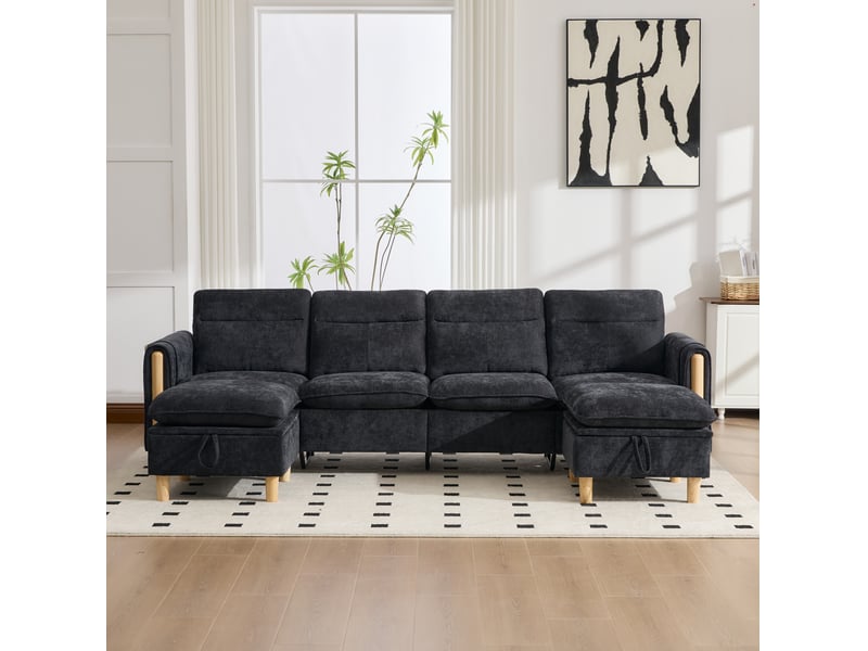 Canapé droit 4 pl 261x77x86 cm poches latérales et pieds en bois, 2 poufs de rangement, tissu chenille noir, pour le salon - Conforama E