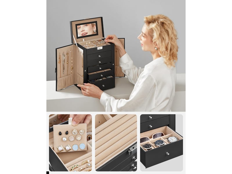  Boîte à bijoux élégante en similicuir noir avec 5 tiroirs  - Conforama E
