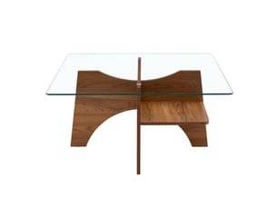 Table basse carrée 80x80x40 cm en mdf et verre de sécurité, finition noyer