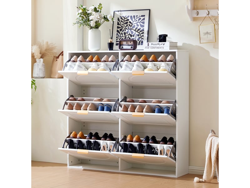  Meuble à chaussures 118x25x115 cm avec 6 abattants, étagères réglables et niches ouvertes, grande capacité - Blanc Fay Lum - Conforama B