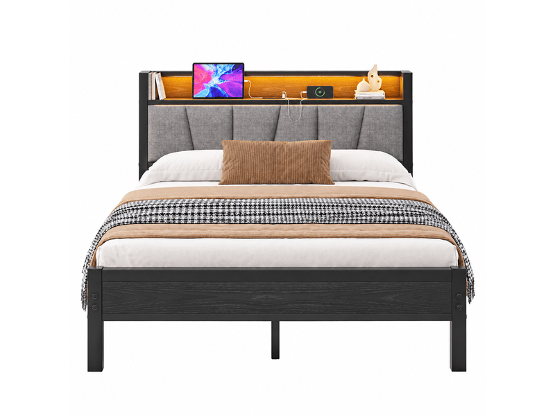  Lit double 140×190 cm en métal et mdf avec led, 2 ports usb, prise et rangement, matelas non précisé, noir  - Conforama A