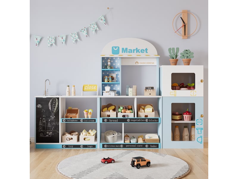 Magasin jouet enfant, bleu, étagères, réfrigérateur, tableau noir, comptoir latéral et robinet, dès 3 ans - Conforama B