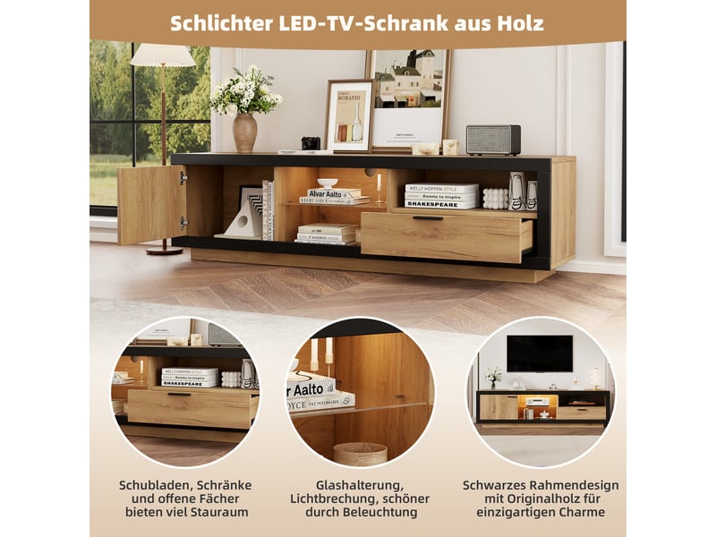 Meuble tv led 160 cm noir et effet chêne, meuble tv pour écran de 40 à 70 pouces avec rangements et éclairage rvb - Conforama W
