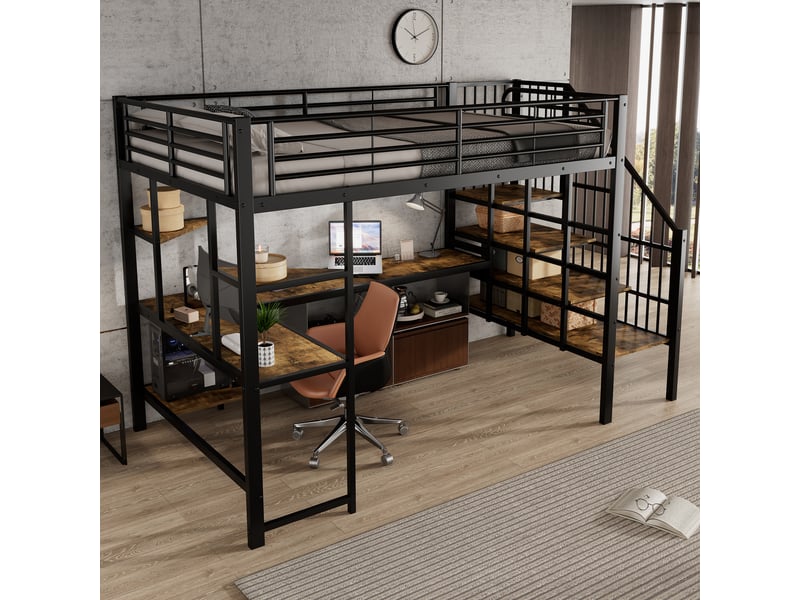 Lit mezzanine 120x200 cm, structure en métal et bois, coloris noir, rangements intégrés, bureau intégré, escalier sécurisé, sommier à lattes inclus  - Conforama E