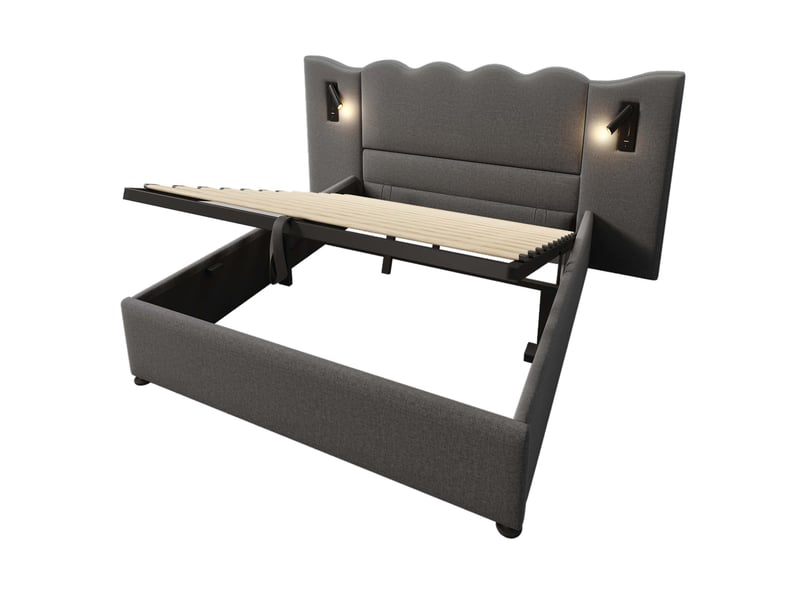  Lit coffre 160×200cm, lit double, rangement, lampe pivotante à 360°, tête de lit, métal, bois, lin, gris, matelas inclus  - Conforama R