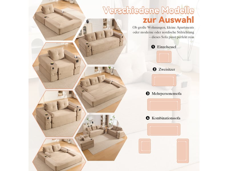 Canapé convertible avec poches et porte-gobelet - accoudoirs amovibles, velours côtelé kaki 122 × 98 × 80 cm - Conforama E