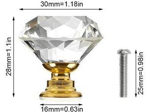 10 pièces boutons de porte transparents en cristal en forme de diamant pour portes, meubles, tiroirs, armoires décoration avec vis