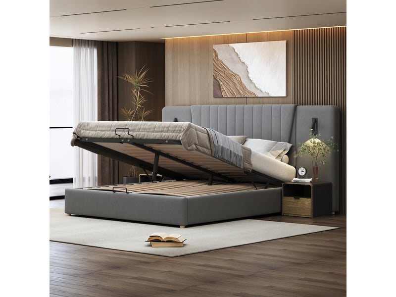  Lit coffre 180x200 cm - avec lampe de lecture et port usb, sans matelas, en velours gris  - Conforama D