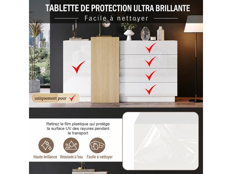  Buffet blanc laqué brillant 2 portes 4 tiroirs meuble de rangement moderne 140 cm  - Conforama W