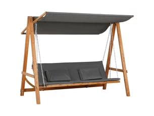 Banc de jardin 225 x 113 x 180 cm 3 places fonction lit toit intégré bois de pin couleur gris détails teck