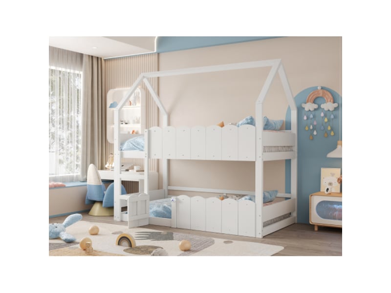 Lit superposé enfant 90x200 cm, lit cabane avec barrière de sécurité, blanc, sans matelas - Conforama B