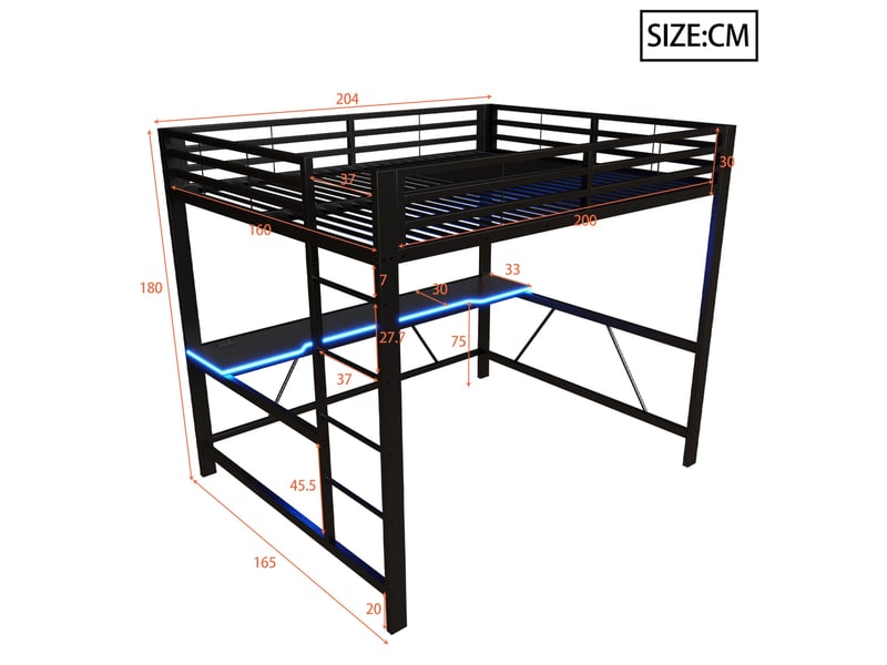 Lit mezzanine avec bureau 160x200 cm en métal noir et mdf, espace gaming avec éclairage led multicolore, station de charge usb et garde-corps Fay Lum - Conforama C