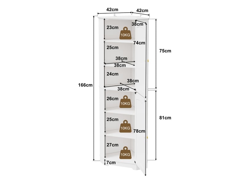  Armoire d'angle 42x42x166 cm avec 2 portes et étagères réglables blanc  - Conforama C