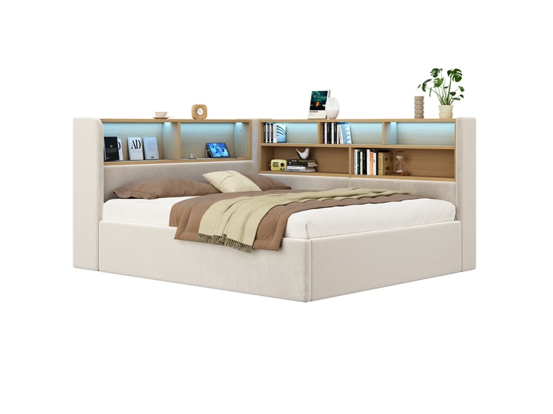  Lit banquette avec coffre 140x190 cm, rangement hydraulique, led, usb et usb-c, tête de lit avec étagères, sommier à lattes, velours, beige  - Conforama A