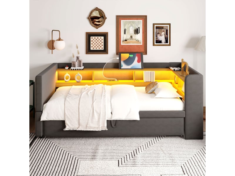  Lit banquette rembourré extensible 90x190 à 180x190 cm avec rangements, led multicolore, prises électriques, sommier à 24 lattes, flanelle gris foncé Radiant Stride - Conforama D