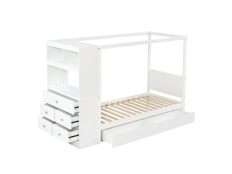  Lit simple enfant 90x200 cm – blanc et naturel – 5 tiroirs, module latéral et bac coulissant - sans matelas  - Conforama D