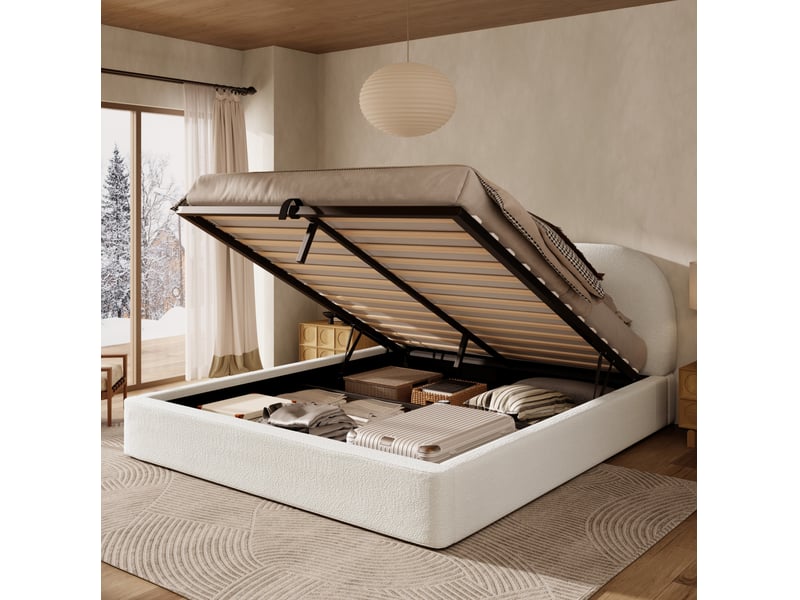  Lit coffre modenvie double 180 x 200 cm avec matelas inclus sommier à lattes tête de lit rembourrée bouclé beige  - Conforama B