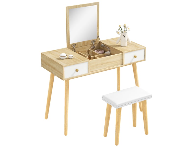  Coiffeuse moderne avec miroir coulissant, rangement pour bijoux, 2 tiroirs et tabouret, couleur bois  - Conforama A