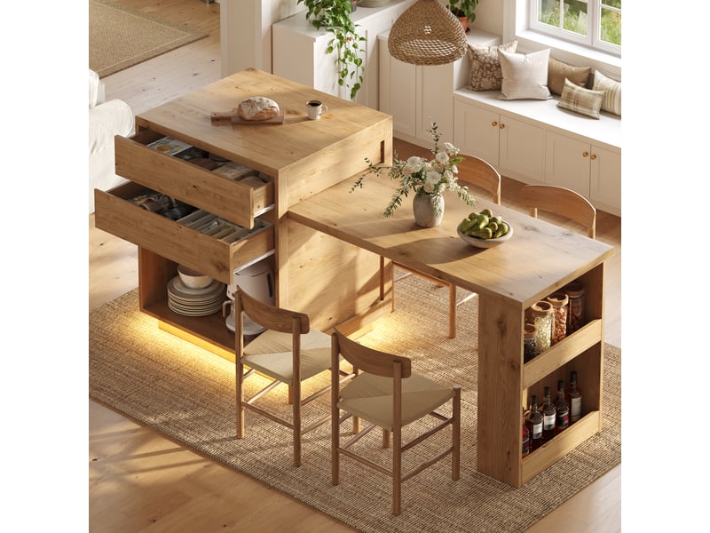  Îlot de cuisine extensible 122 à 194,5 cm, 4 tiroirs, éclairage led rgb, coloris naturel  - Conforama D