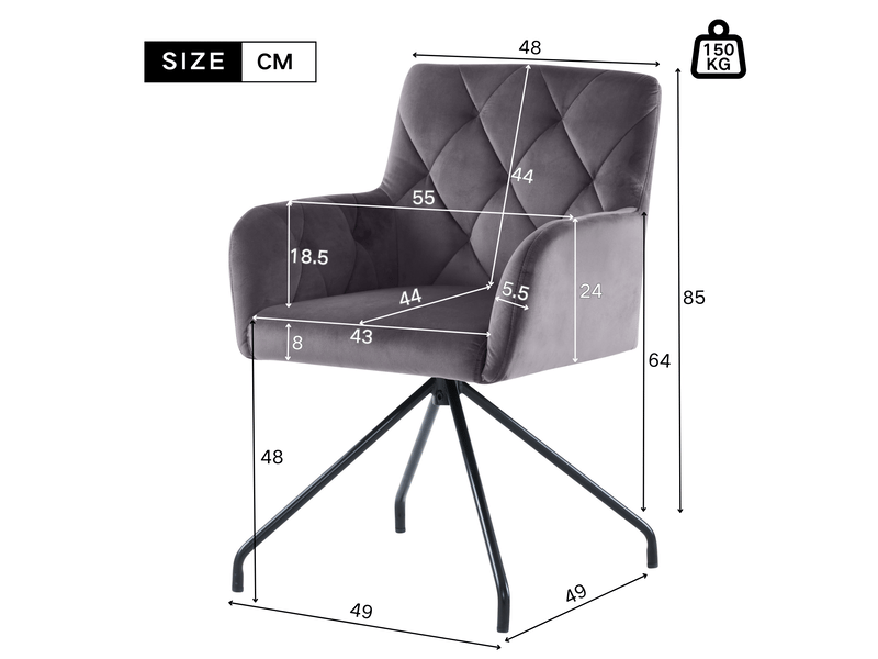  Lot de 2 chaises 55x49x85 cm, chaises de salle à manger, velours gris foncé, dossier enveloppant ergonomique, assise standard  - Conforama C