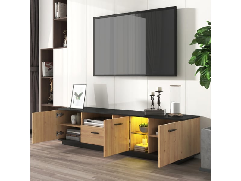 Meuble tv avec led – 1 tiroir, 3 portes, 2 compartiments ouverts en verre – meuble bas tv en bois noir et effet chêne naturel – éclairage led 15 couleurs – design moderne - Conforama D
