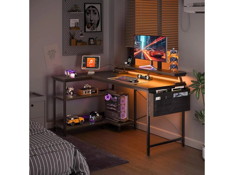  Bureau gamer d’angle 120 x 80 cm avec led, table en l avec étagères réversibles, prises et usb  - Conforama C